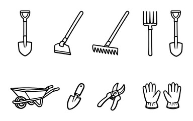Obraz premium Outline icons of essential gardening tools on dark background