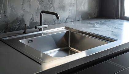 Stainless steel kitchen sink set against a grey marble countertop with a dark backsplash and window