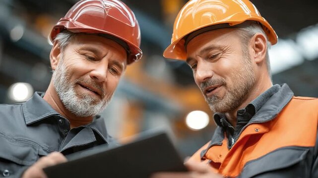 Collaborative Engineering: Two experienced engineers in hard hats and work attire, engrossed in a discussion while reviewing a tablet, exemplifying a scene of collaboration and expertise.