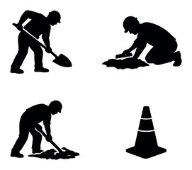 Silhouettes of workers in various construction positions with traffic cone