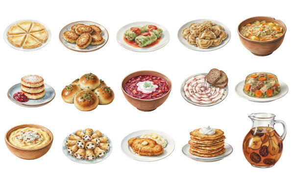 Traditional Ukrainian cuisine food watercolor set