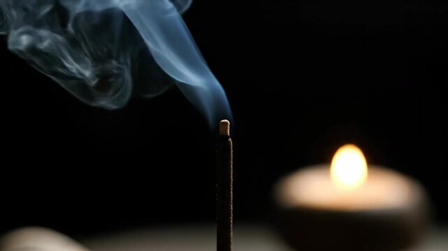 Macro shot of a burning incense stick releasing smoke with a lit candle on a dark background