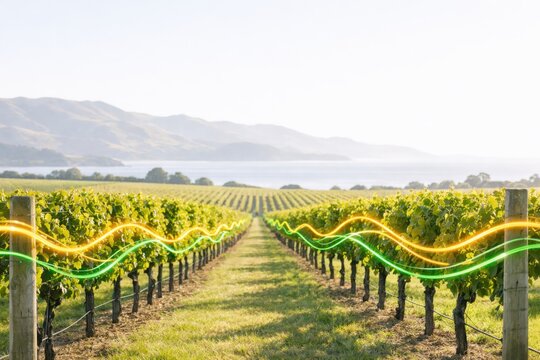 Conceptual vineyard landscape with flowing luminous waves along grapevine rows, symbolizing biodynamic viticulture, energy balance, and smart agriculture
