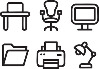 Black line of office desk computer chair printer folder and desk lamp © Nur