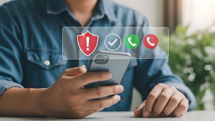 Man using smartphone with security and communication icons