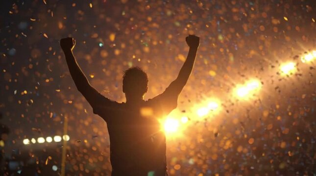 In the strong stadium lights, a male football player is backlit as he celebrates his triumph