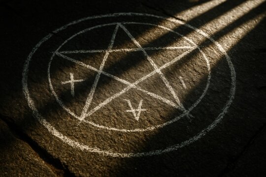 Chalk drawn pentagram ritual circle on a stone floor, illuminated by dramatic light, symbolizing occult practices and esoteric symbolism

