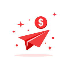 Money Transfer Illustration With Paper Airplane And Dollar Coin. Financial Delivery Concept Showing Fast Payment And Digital Finance