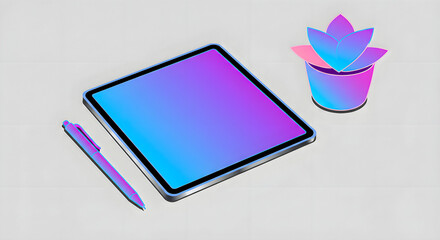 Modern digital tablet, stylus, and abstract plant with vibrant gradient colors, showcasing creative technology and sleek design on a studio surface