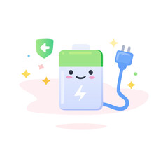 Battery Charging Illustration With Cute Smiling Power Icon And Plug. Cute Battery Character Charging With Electric Cable And Energy Concept Illustration