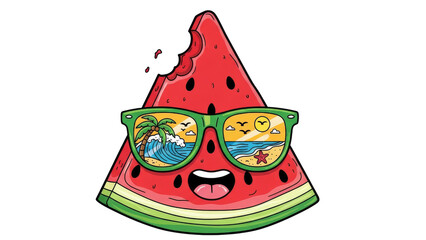 Cartoon Watermelon Slice With Beach Reflection Sunglasses