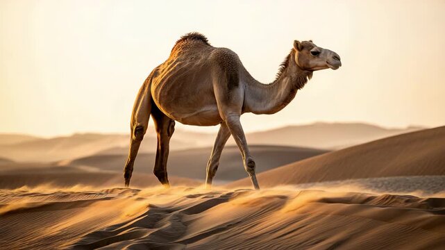 Majestic camel walking across golden desert at dramatic sunset
