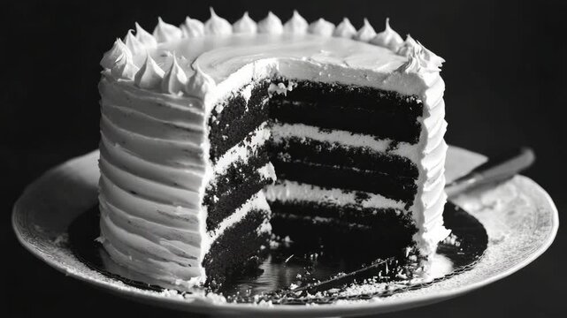 Close-up of a single slice of chocolate cake with white frosting and sprinkles on a plate, perfect for dessert or a celebration.