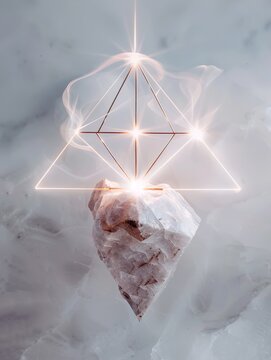 Geometric lines create a sigil above a crystal piece. The setting has a light atmosphere with soft elements surrounding the crystal, showing an arrangement of light and form
