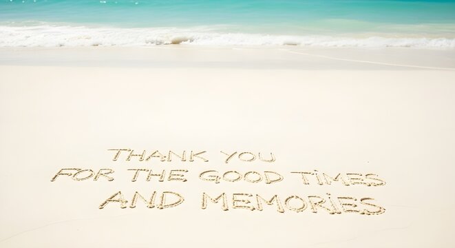 Thank you for the good times and memories message written clearly in the smooth white sand on a tropical beach near the turquoise ocean waves