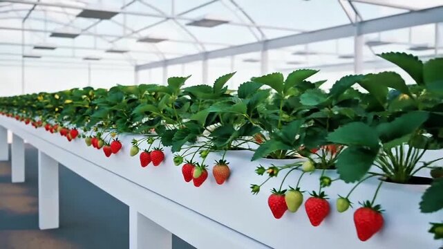Vibrant ripe strawberries thriving in a modern hydroponic greenhouse, showcasing sustainable and advanced indoor farming technology for fresh produce cultivation