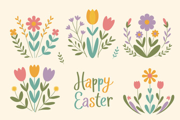 Spring floral vector collection with cute flowers and Happy Easter hand lettering. Vector set of spring flowers