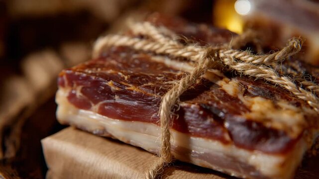 359Close-up of dried meat wrapped in butcher paper, tied with string, natural textures and shadows, artisanal packaging concept