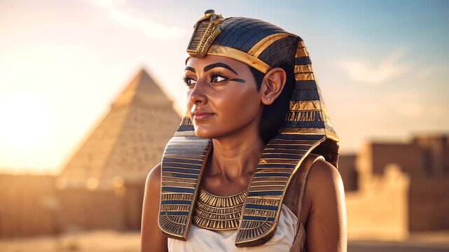 Ancient Egyptian queen or pharaoh woman in traditional royal attire with pyramid background depicting historical civilization, Cleopatra-style nobility and archaeological heritage