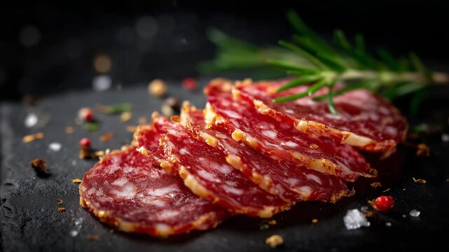 365Macro of thin slices of salami on a slate board, visible fat marbling and spices, dramatic overhead lighting, gourmet appetizer style