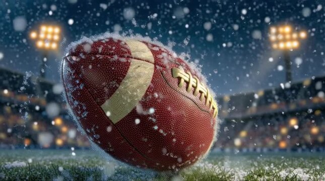 A close-up of a football flying in the air at kickoff