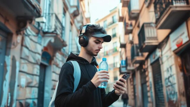 A man walking down a street with earphones and water bottle while using his cell phone.