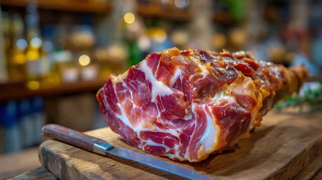 370Close-up of cured ham leg partially sliced, knife in focus, deep red and pink hues, rustic kitchen or deli environment