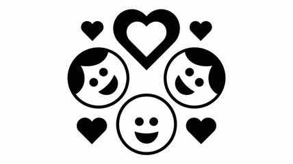 a simple graphic showing faces hearts and a central heart symbol of love