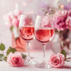 Pink Ros&eacute; Drinks and Roses: Classy Still Life with Flowers, Beverage and Glassware on Display, Elegant Background