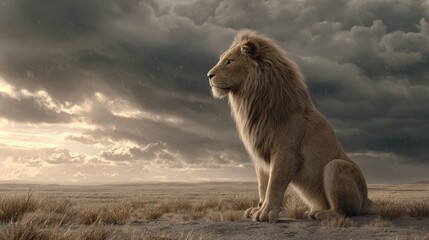 Majestic lion posing in dramatic landscape against a stormy sky