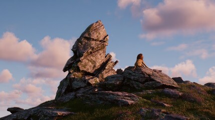 Woman sitting on rocky peak with clear sky and soft sunlight