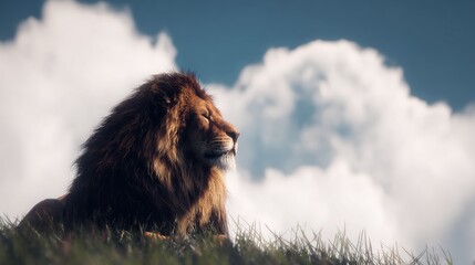 Majestic lion basking in sunlight against a backdrop of fluffy white clouds