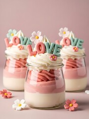 Pastel Pink Love Parfait In Mason Jar With Whipped Cream, Flower Toppers, and Sugar Frosting
