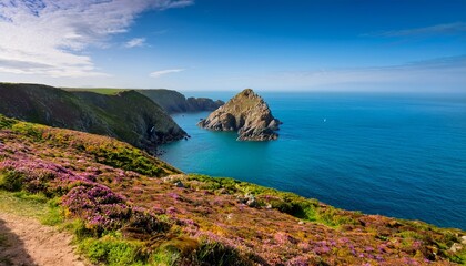 Fototapeta premium Beautiful Calm Day From The South West Coast Path In Cornwall At Portcurno Looking Towards Logan Rock From Carn Kizzie
