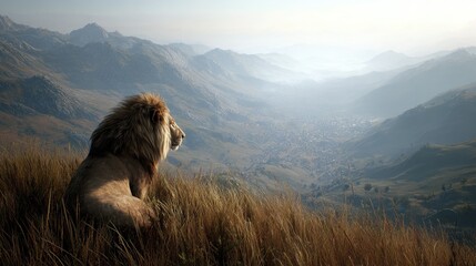 Majestic lion gazes over vast mountain landscape under morning light