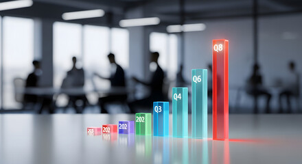 Business meeting graph with rising statistics in a modern office with professionals collaborating in the background