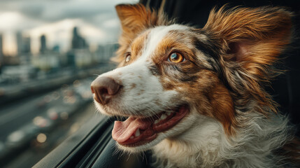Happy dog enjoying city view from car window at sunset, funny pet travelling