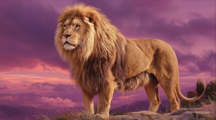 Obraz premium Majestic lion standing proud against a dramatic sunset sky background