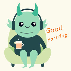 Vector art illustration of kawaii mascot drinking coffee