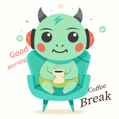 Vector art illustration of kawaii mascot drinking coffee