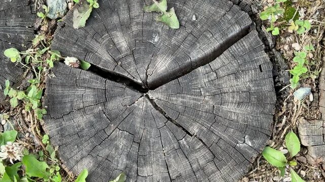 Cracked Tree Stump With Radial Fissures, Dark Porous Core Surrounded By Small Plants And Gravel, Intimate Texture Study For Conservation Record And Restoration Planning, Natural Tones.