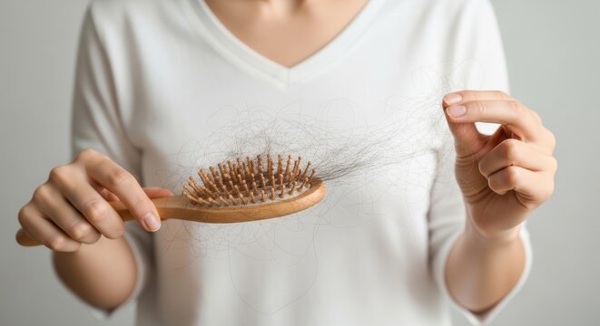 Hair Loss Problem Concept with Woman Holding Hairbrush Full of Fallen Hair, Beauty and Health Awareness Background