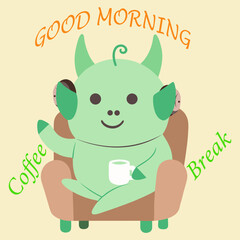 Vector art illustration of kawaii mascot drinking coffee