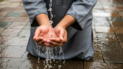 A person in traditional attire performing ritual ablution with water pouring into cupped hands on a wet tiled surface.