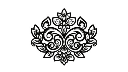 Symmetrical floral design in black. Leaves and curls detail an ornate decorative pattern on white