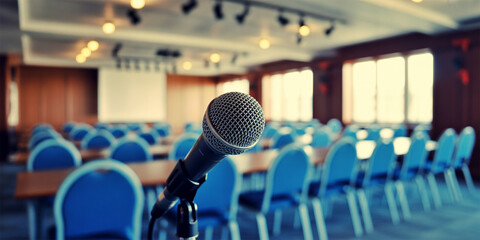 Empty conference room with microphone and blue chairs illustration
