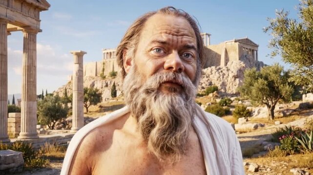 Ancient Greek philosopher sage in white toga among classical ruins depicting wisdom, Socratic tradition and Mediterranean philosophical heritage of antiquity era