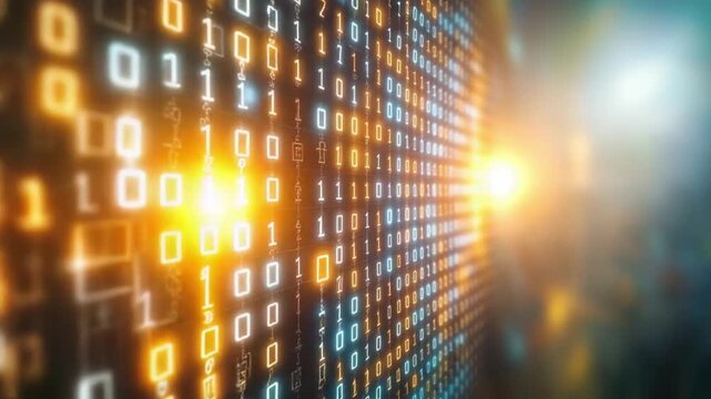 Digital Cascade: A mesmerizing array of binary code, ablaze with glowing lights, represents the intricacies of the digital realm, showcasing its complex beauty.
