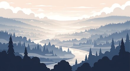 Misty Forest Landscape with River Valley.