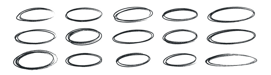 Hand drawn doodle ellipses, bright scribble ovals and bubbles to circle and highlight text, brush drawn black circles, marker round elements isolated on transparent background